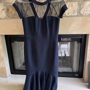Maggy London Navy High Low Dress with Sheer Accents